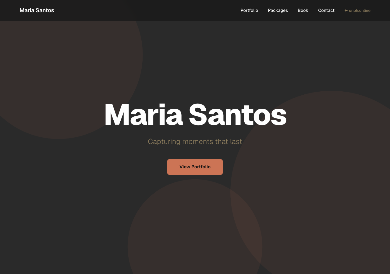 Photographer portfolio page preview showing gallery grid and booking buttons