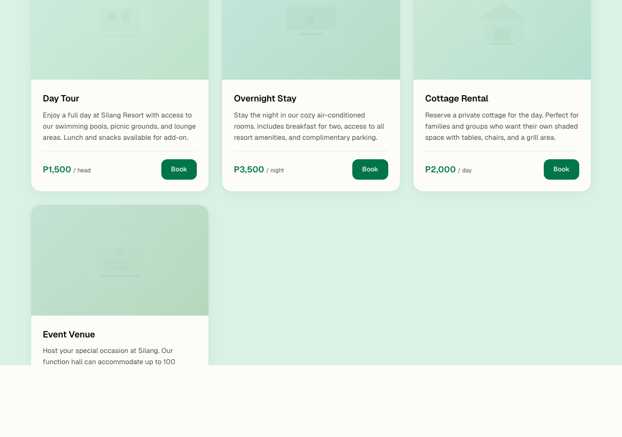 Resort booking page preview showing calendar and room cards